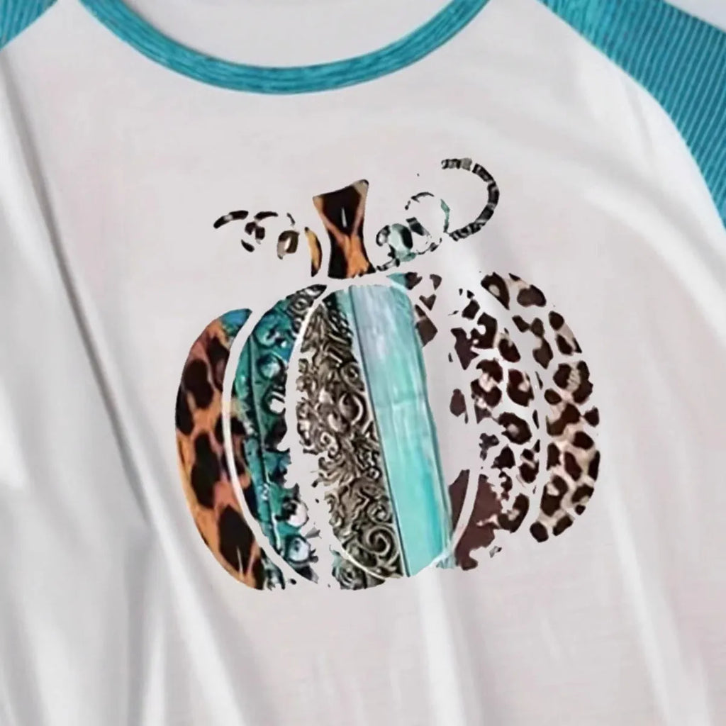 Sky blue polyester t-shirt with 3D Halloween pumpkin printing, regular fit with long sleeves