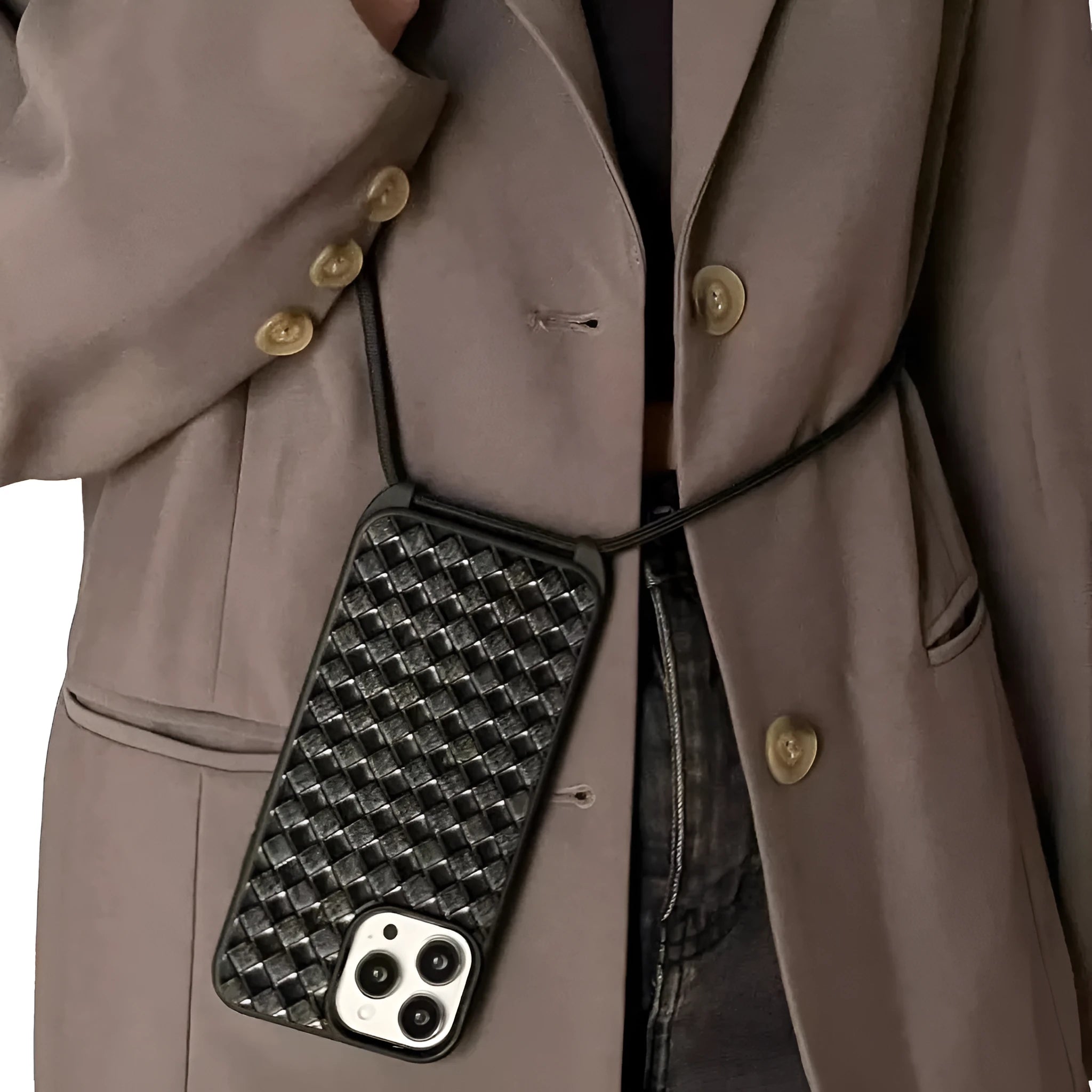 Black imitation leather woven pattern cross-body lanyard phone case for iPhone 14 13 12 series