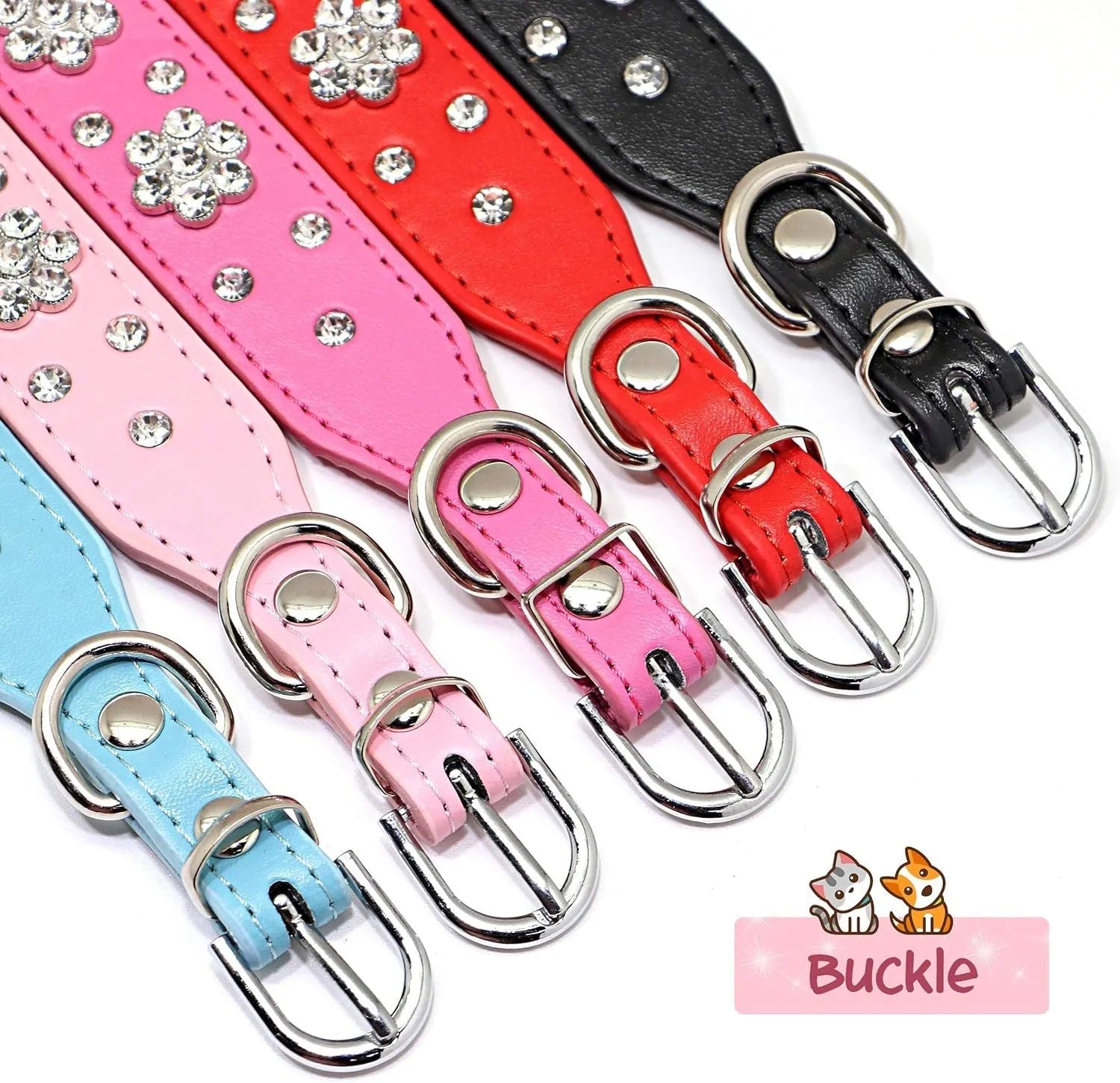 Close-up of a black PU leather dog collar with a sparkling rhinestone flower pattern and silver studs.