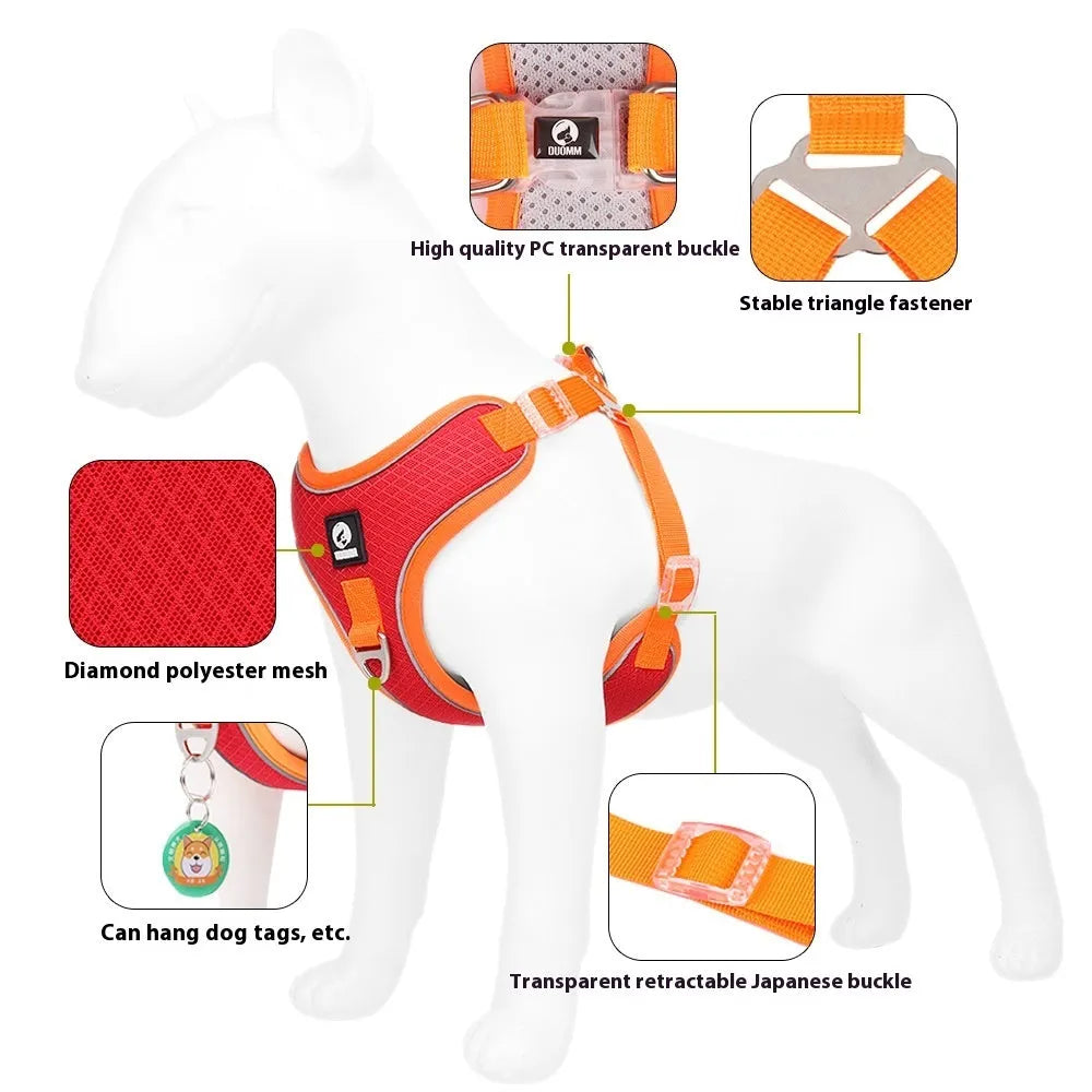 Adjustable breathable dog harness with reflective piping in black red grey light purple