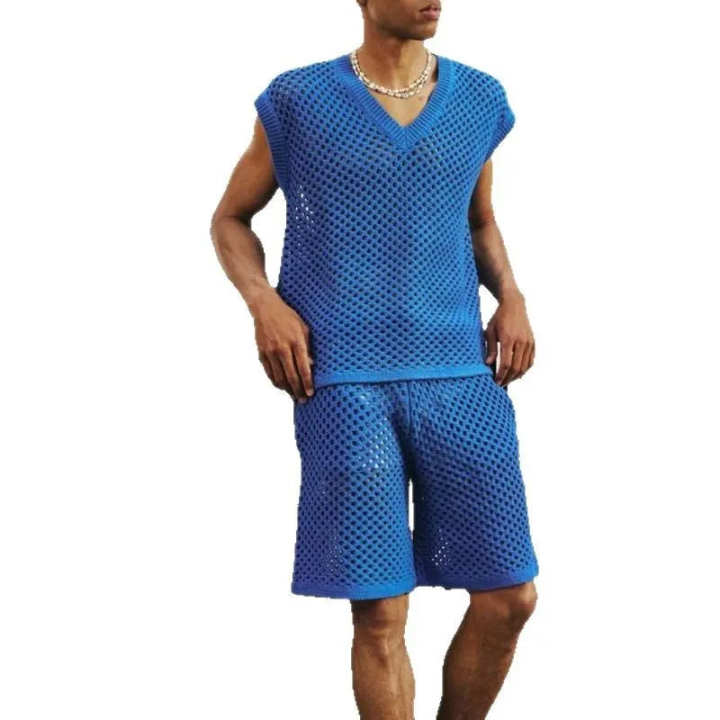 Men's blue V-neck sleeveless vest and matching shorts summer sports suit