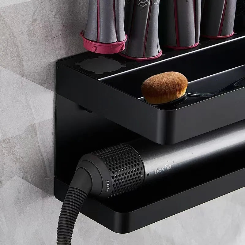 White double layer punch-free bathroom storage rack holding Marcel wavers and hair curlers