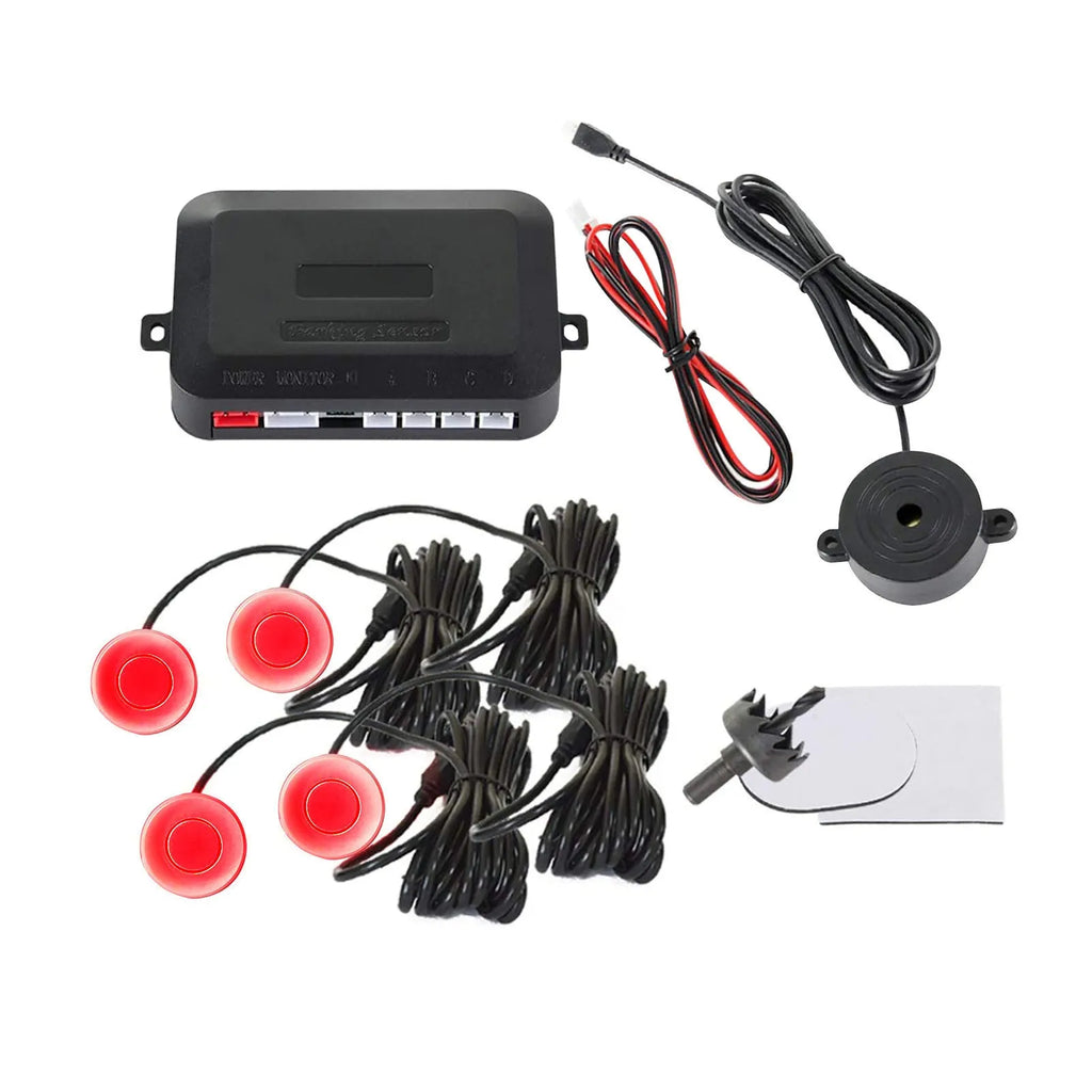 Four ultrasonic parking sensors and a buzzer control unit for a car reversing radar system.