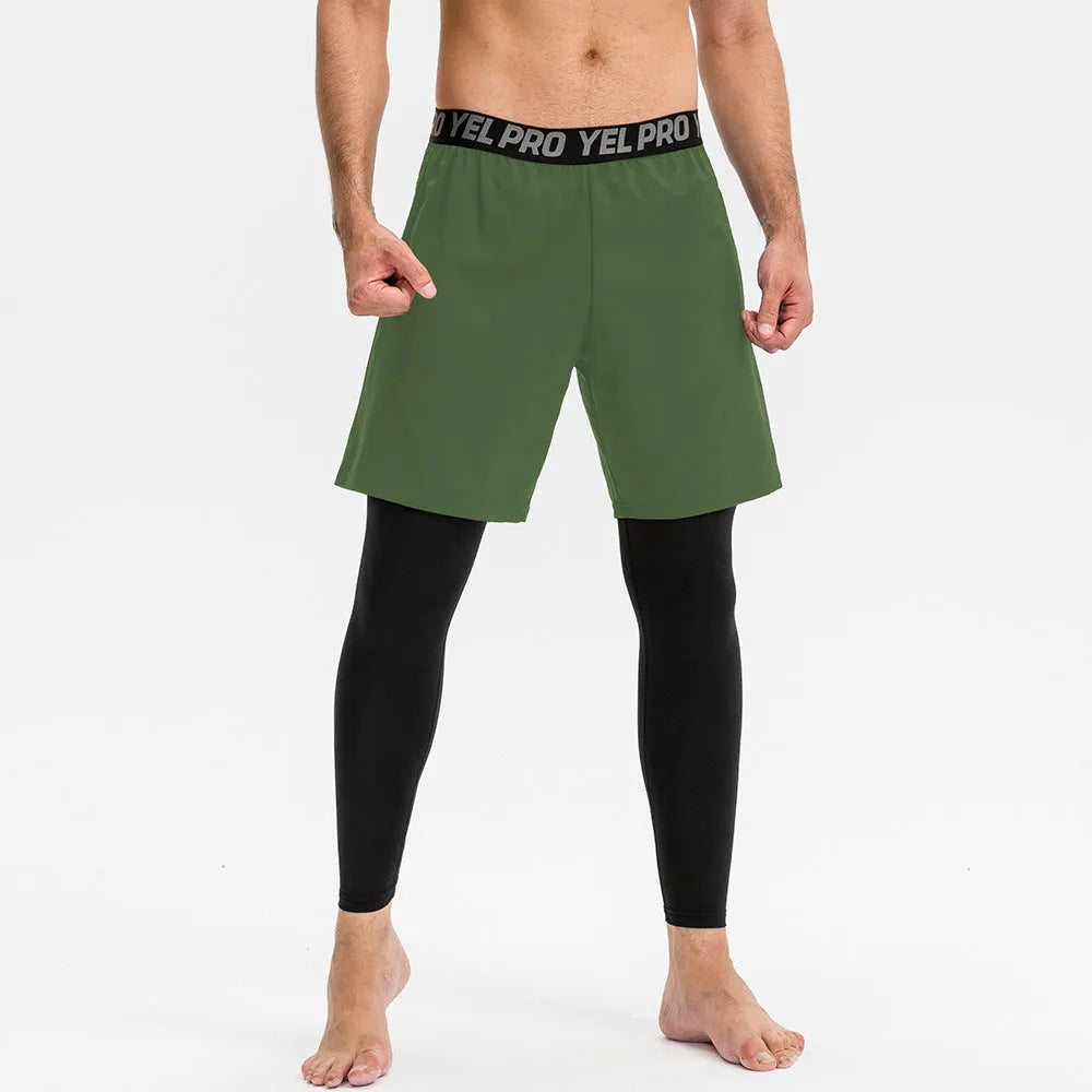Man wearing grey quick-drying high elastic tight fitness pants for running or gym workout.