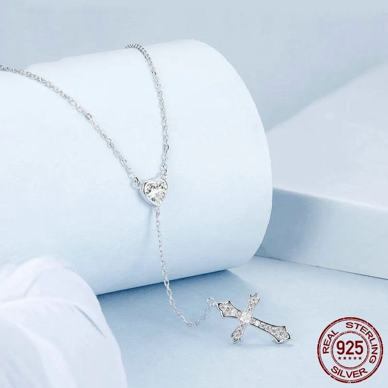 Simple V-neck love cross necklace for women with 925 silver pendant on O-ring chain