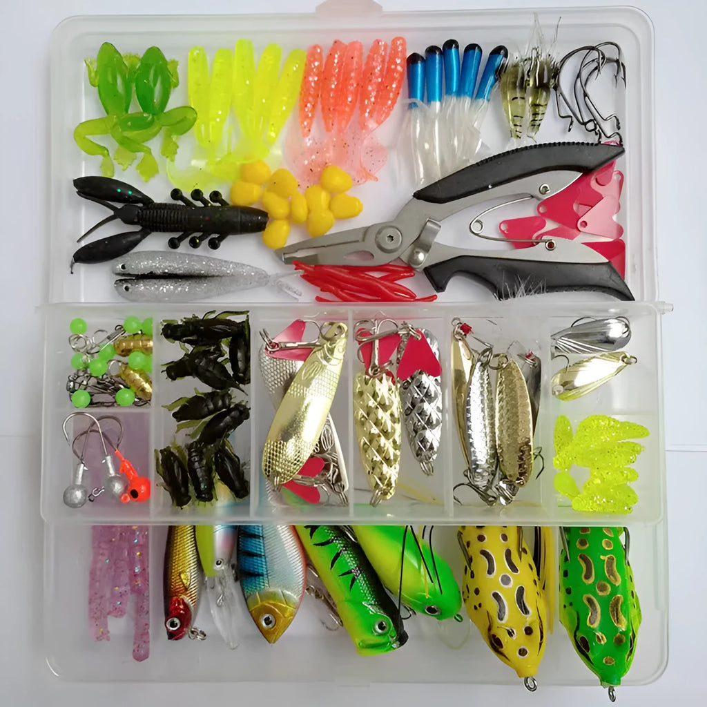 142-piece fishing lure set with fishing pliers and hard mino sequins in assorted colours