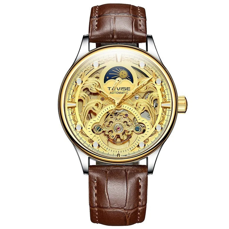 Men's automatic mechanical watch with leather strap showing luminous hands and clear dial markings