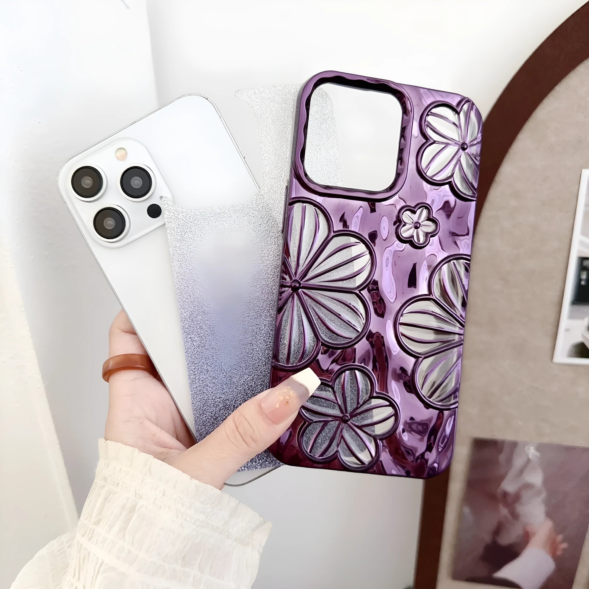 Gold electroplating pleated flower soft shell phone case for iPhone with drop protection