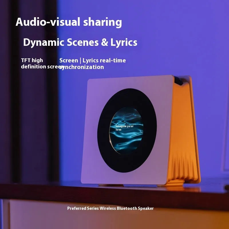 Floating Lyrics Dynamic Bluetooth Speaker Retro in Elegant White with lighting effects on desktop