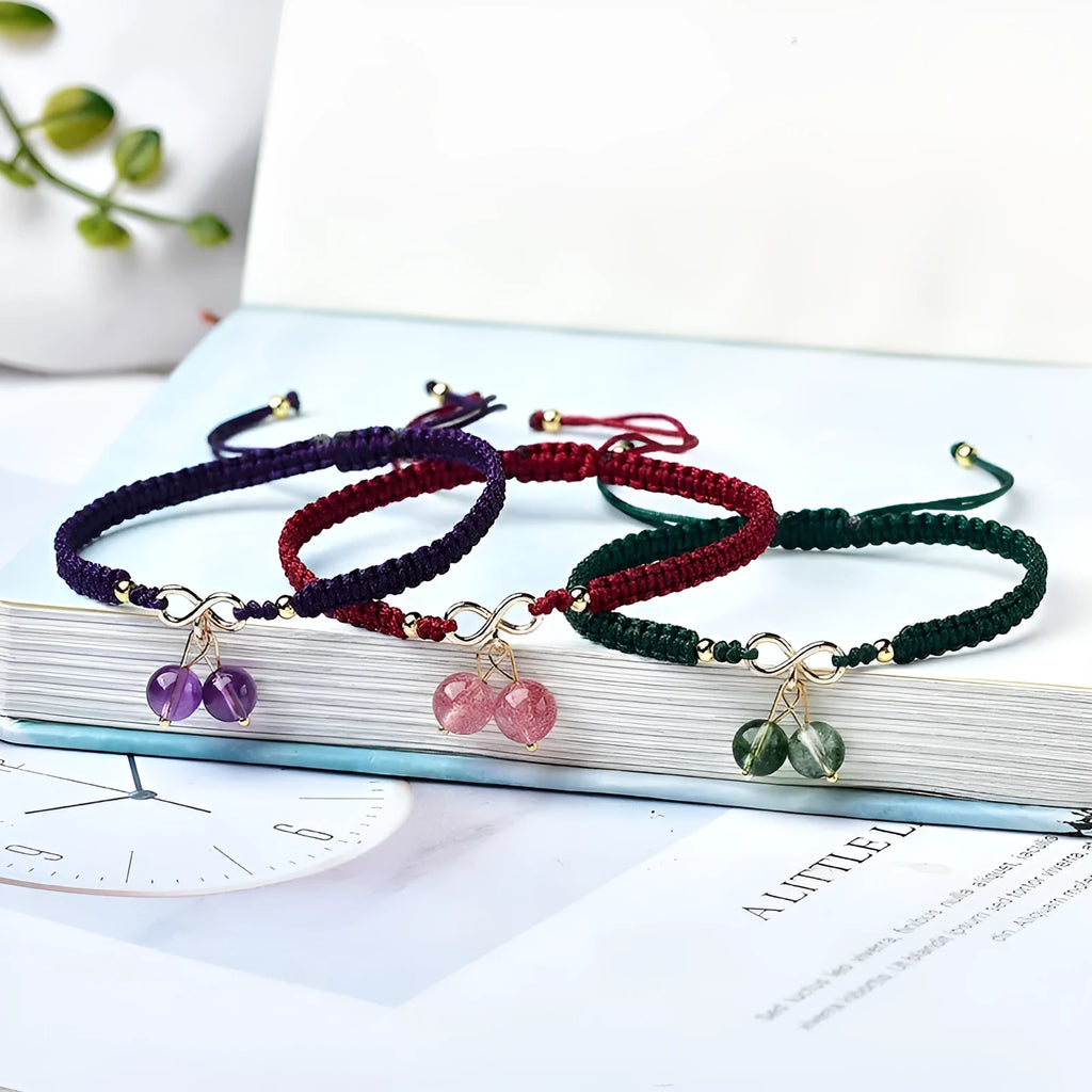 Women's natural strawberry quartz cherry bracelet with fruit-shaped crystal beads and adjustable fastening