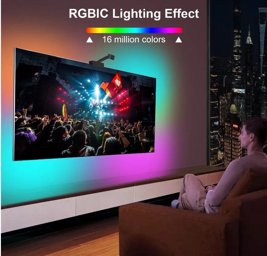 Graffiti App TV screen colour picker LED light strip with camera controller for background synchronisation behind television