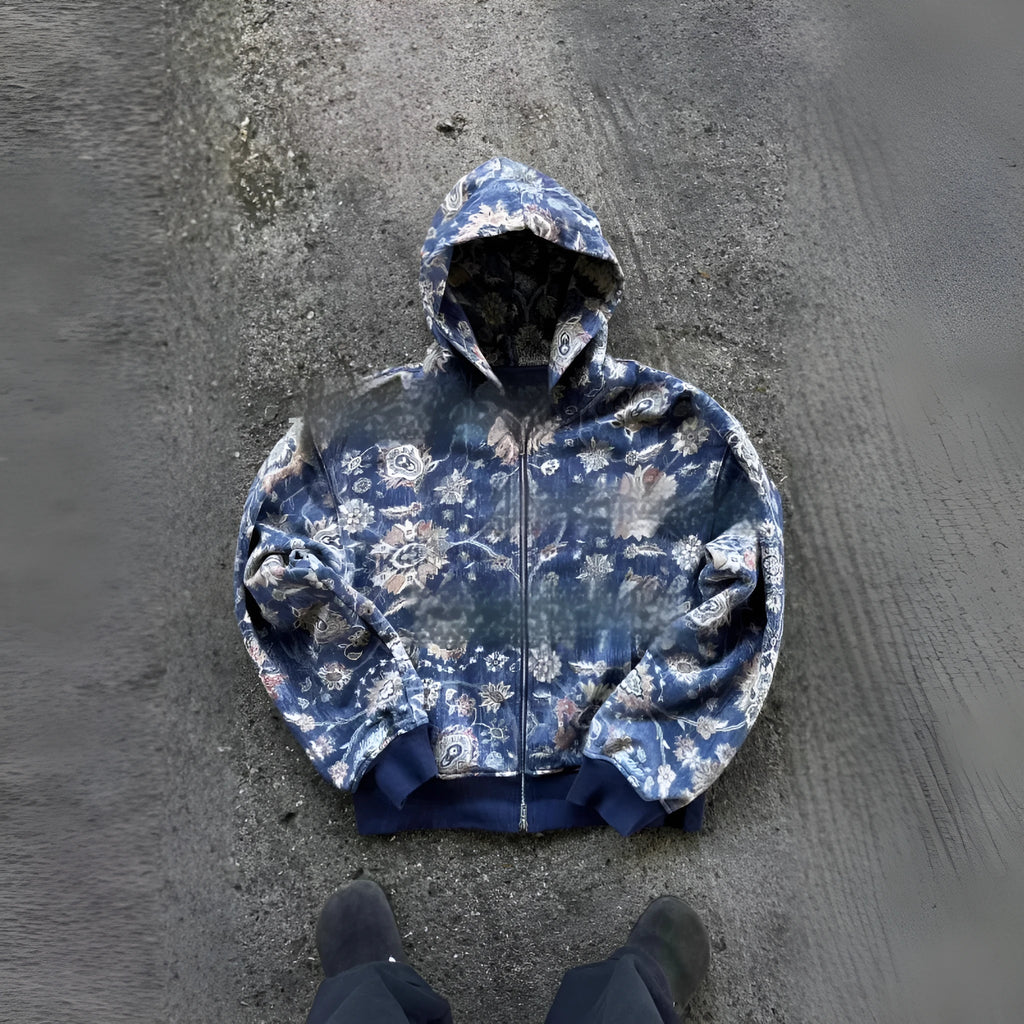 Men's loose fit hooded zip-up coat in polyester fabric with digital printing design