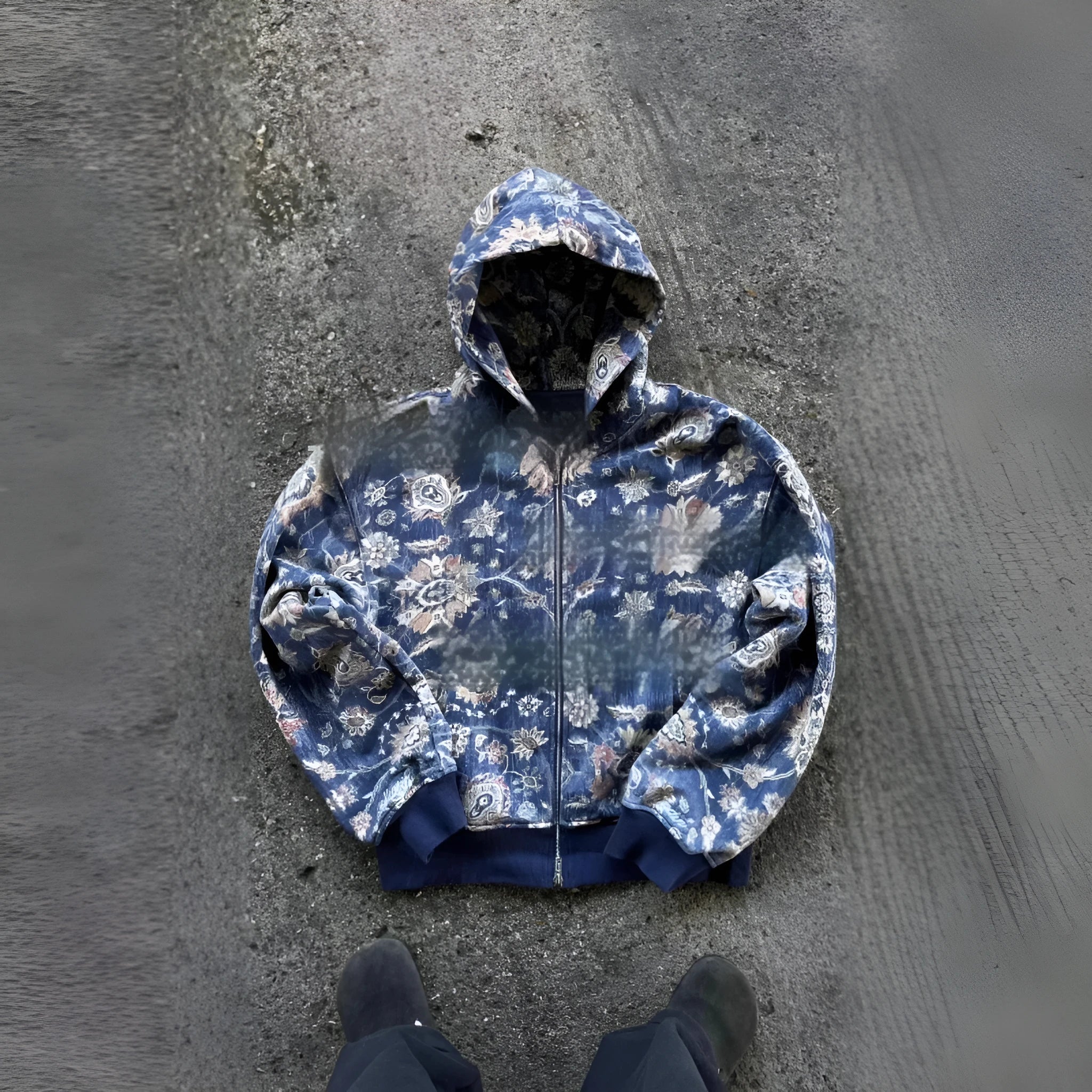 Men's loose fit hooded zip-up coat in polyester fabric with digital printing design