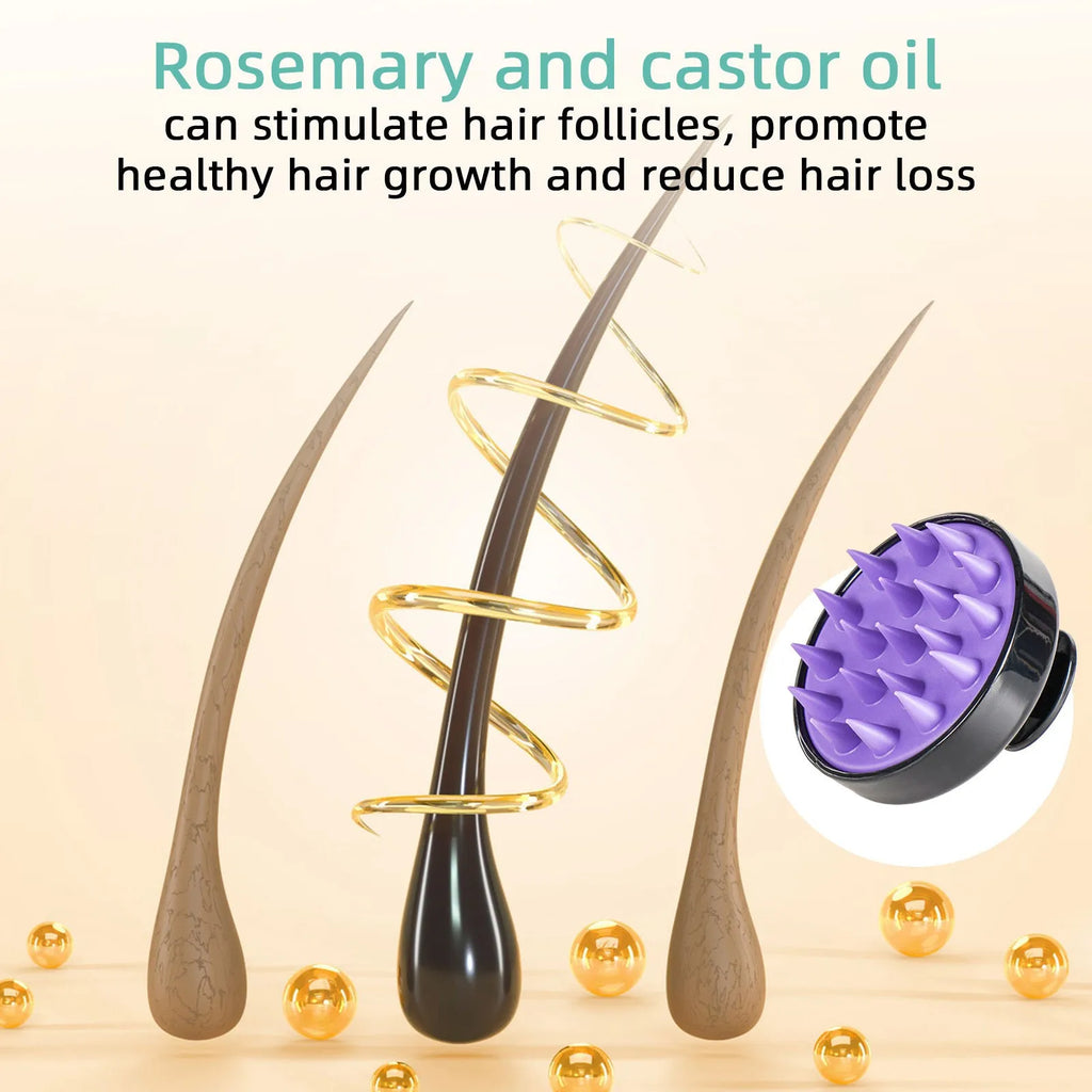 Bright yellow hair care oil bottle with integrated massage brush for scalp treatment