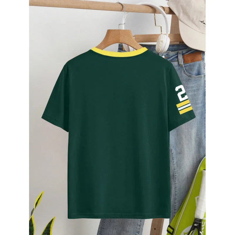 Red loose-fit cotton T-shirt with white digital letter printing on the front.