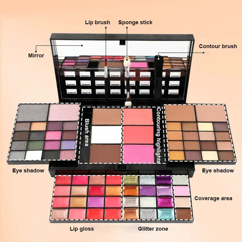 74 colour makeup palette set open showing four layers of eyeshadows, lip glosses, blushes, and contour powders with brushes