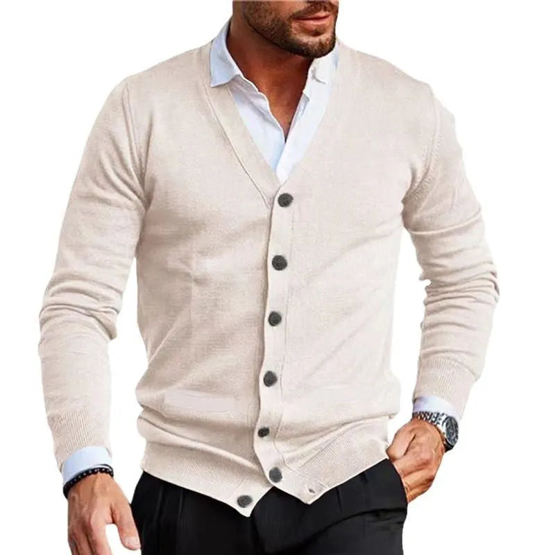 Men's slim fit acrylic cardigan in light grey shown on a model, featuring long sleeves and a button front.