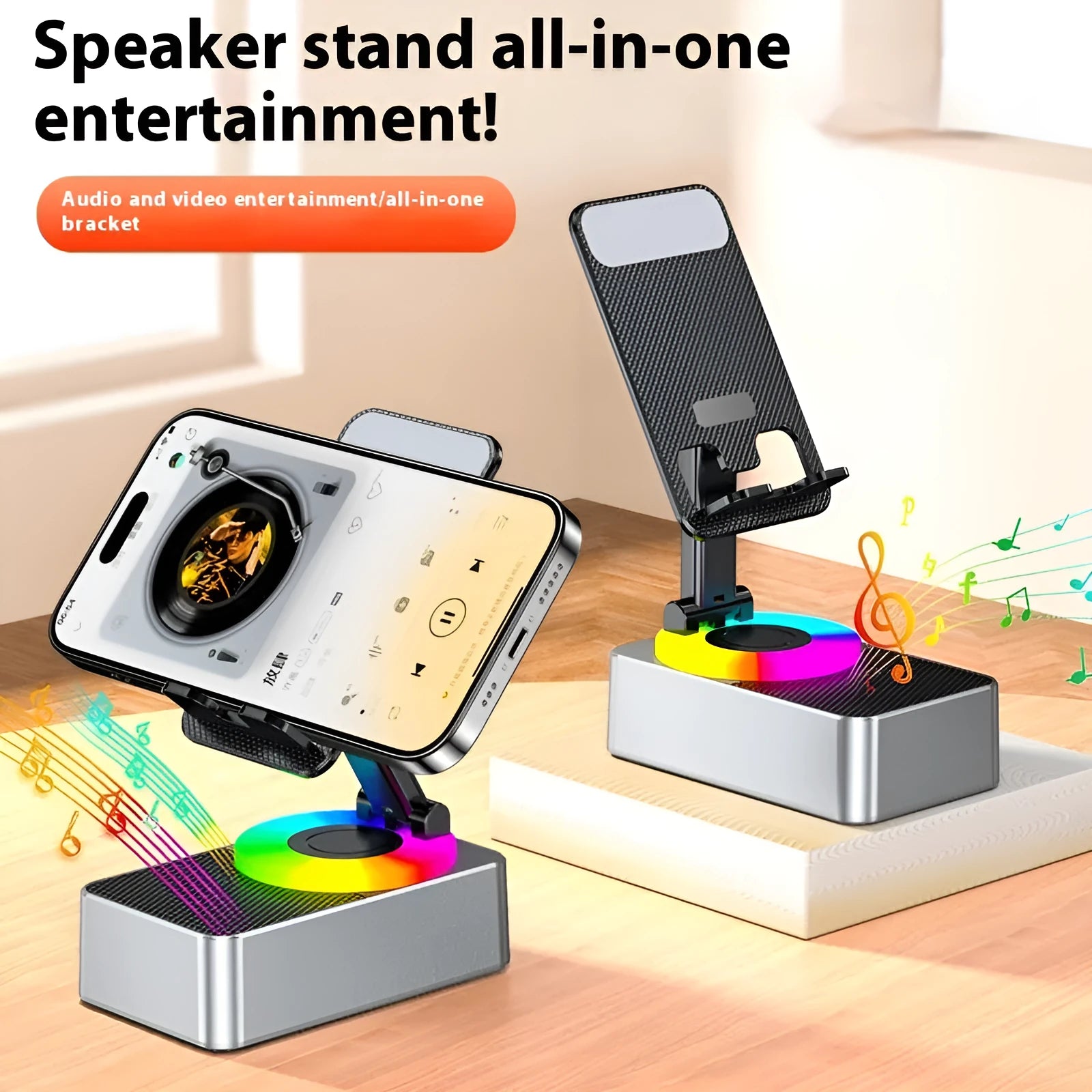 Three-in-one foldable plastic mobile phone bracket, Bluetooth speaker, and power bank in Night Black