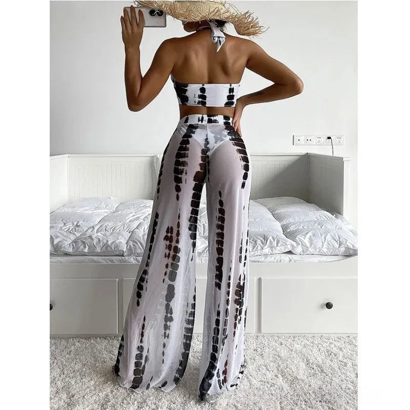 Women's three-piece bikini swimsuit with mesh trousers in quick-drying polyester fabric