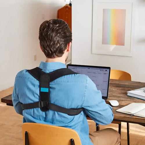 Black adjustable posture correction strap with elastic bands for back and shoulder support