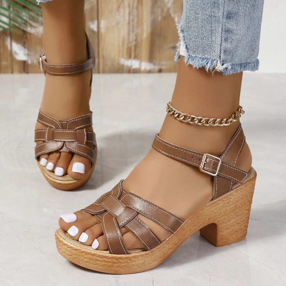 Plus size women's peep toe sandals with chunky heel and adjustable ankle buckle in black