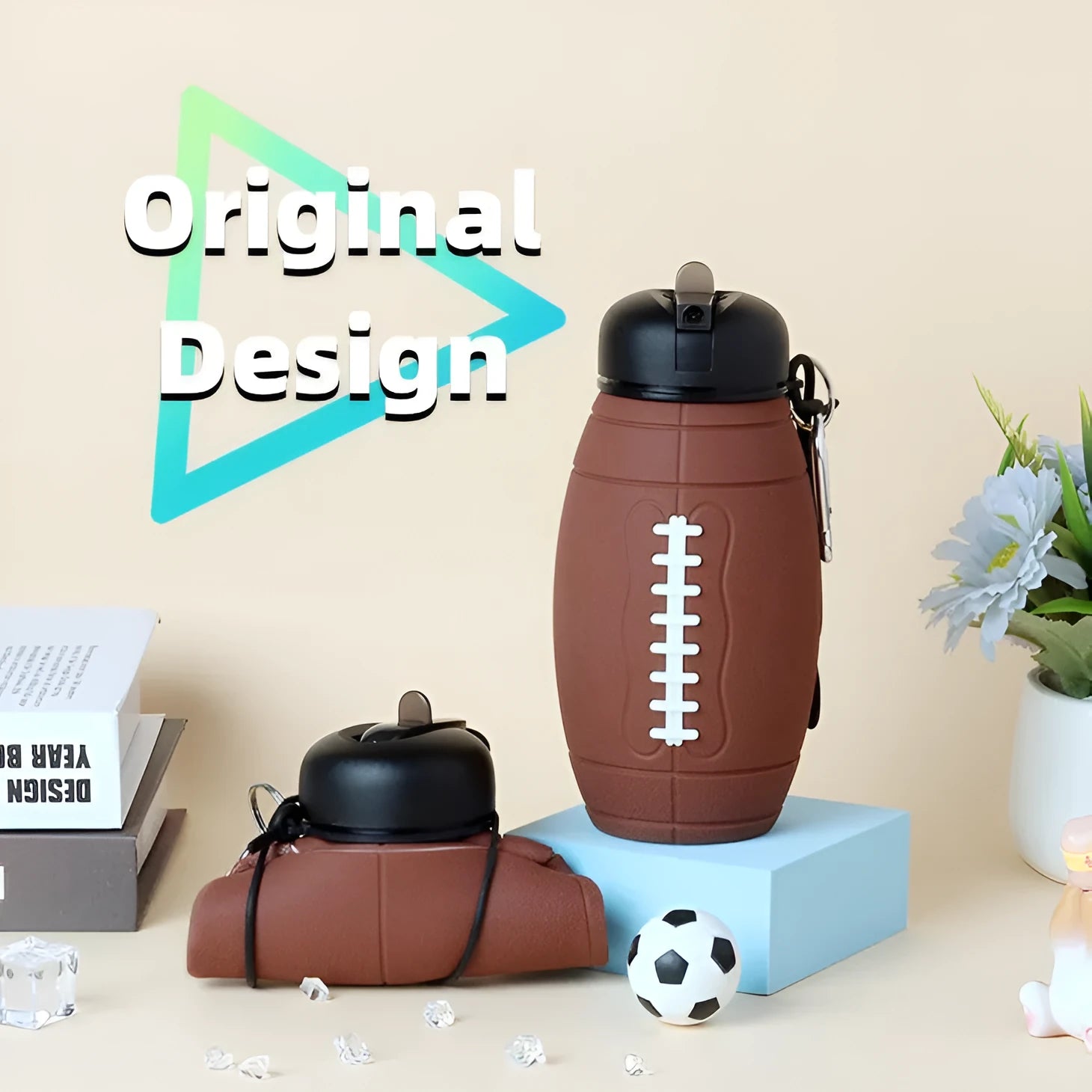 Brown collapsible sports water bottle in rugby ball shape with 600ml capacity and non-slip silicone grip