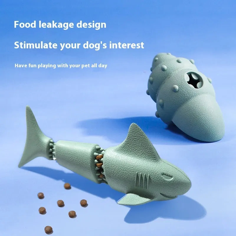 Blue rubber shark dog chew toy on a white background