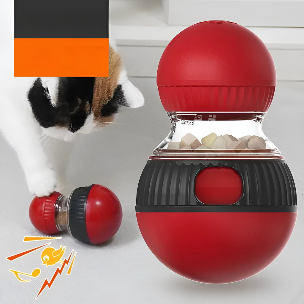 Rotating cat food dropping ball toy with toy cat design and super ball colour option