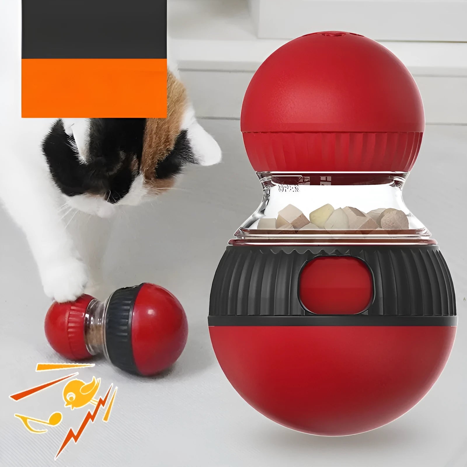 Rotating cat food dropping ball toy with toy cat design and super ball colour option