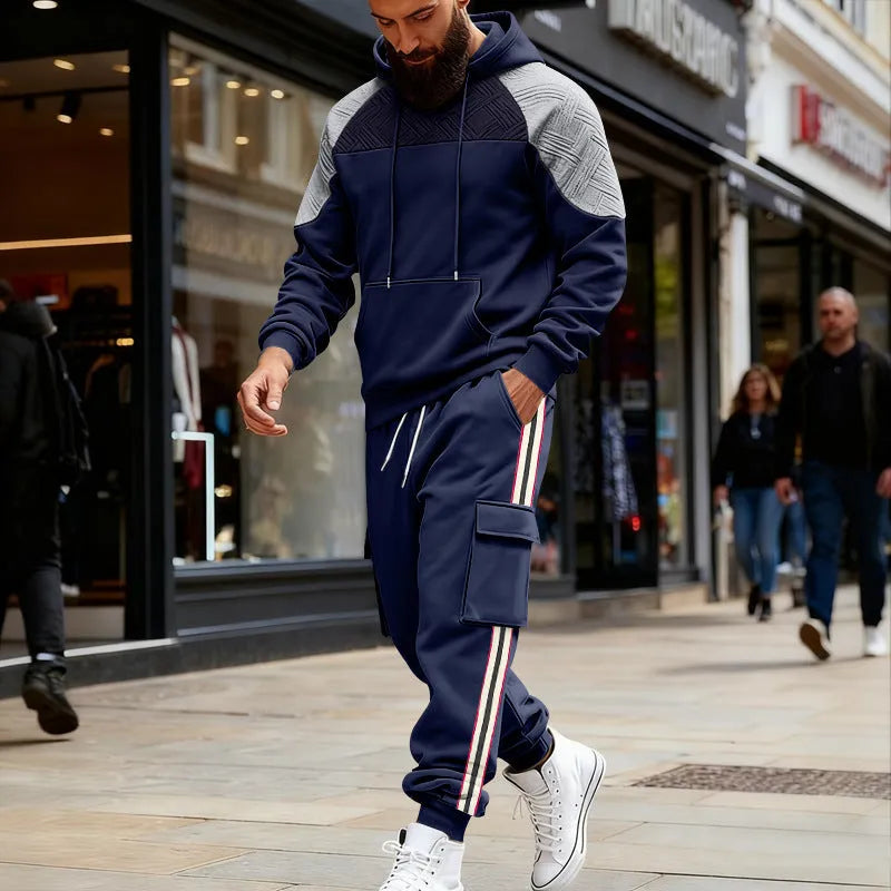 Loose colour-block polyester hoodie and matching sweatpants set in Black and other colour options