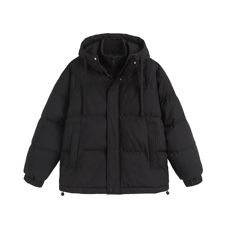 Loose-fitting solid-colour winter cotton-padded jacket with side pockets, shown on a hanger.