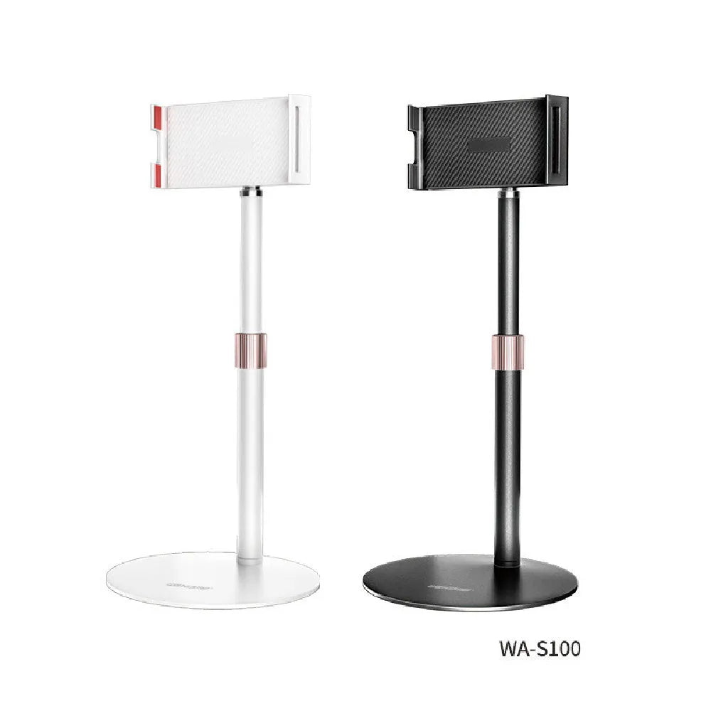 Black metal tablet bracket with telescopic arm extended, holding an 11-inch tablet.