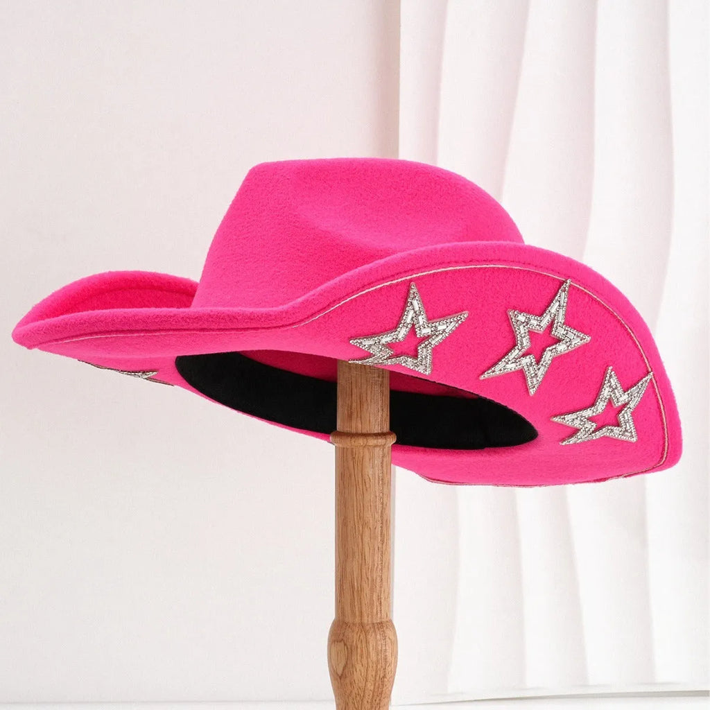 Polyester felt western hat with conical crown and hexagonal star detail in beige colour