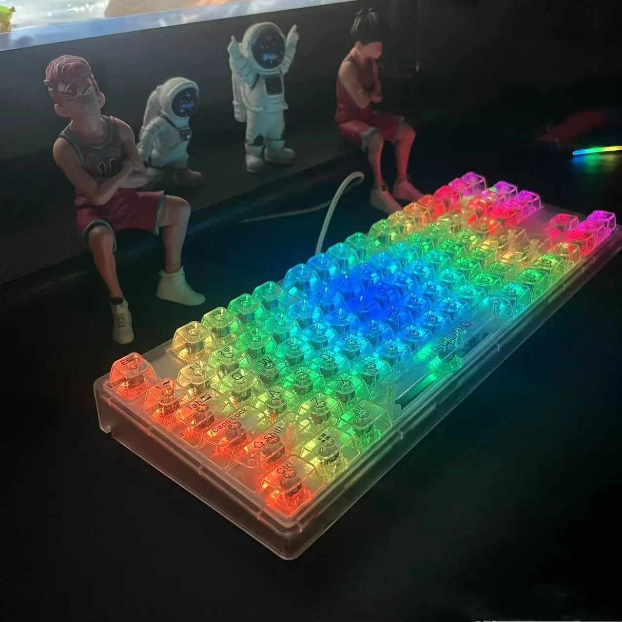 Transparent 132-key mechanical keyboard key cap set showing clear plastic construction
