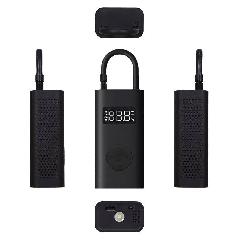 Black wireless car air pump with LED light and power bank function, 150psi, 25L/min airflow, USB charging, compact 127x71x45mm