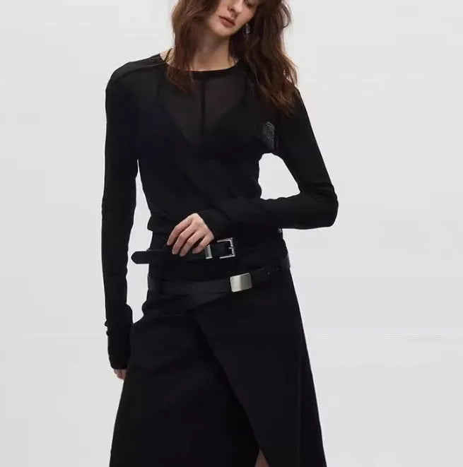 Black mesh see-through texture slim-fit pullover with long sleeves and round collar
