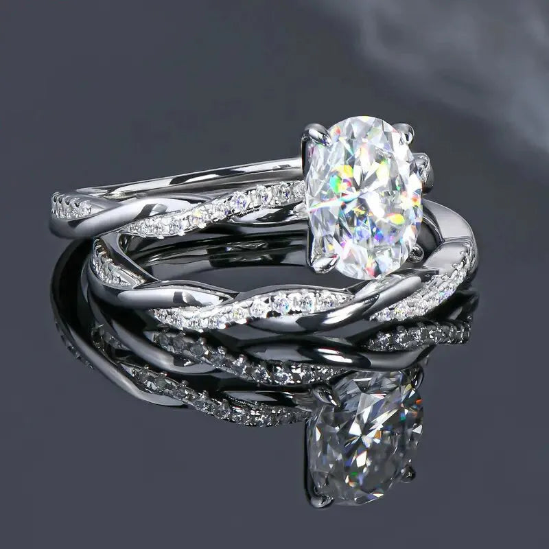 Classical zircon simple ring two-piece wedding set copper white gold colour geometric ellipse design