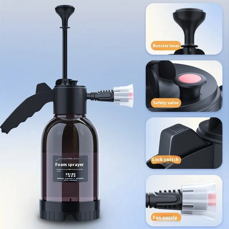 Black hand-held foam sprayer with 2L capacity, ergonomic handle, and switch lock for gardening and car washing.