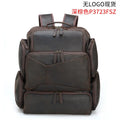 Dark brown retro crazy horse leather men's backpack with a 17-inch laptop compartment and double straps.