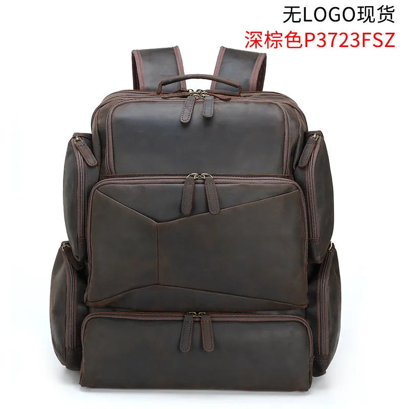 Dark brown retro crazy horse leather men's backpack with a 17-inch laptop compartment and double straps.