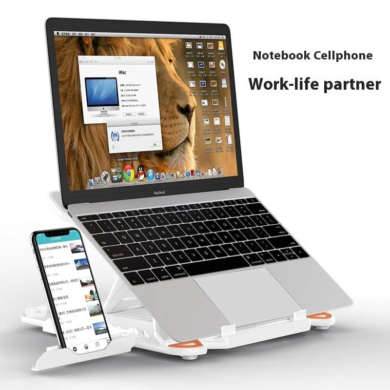 Black ABS plastic laptop stand with a built-in strap phone holder on a wooden desk