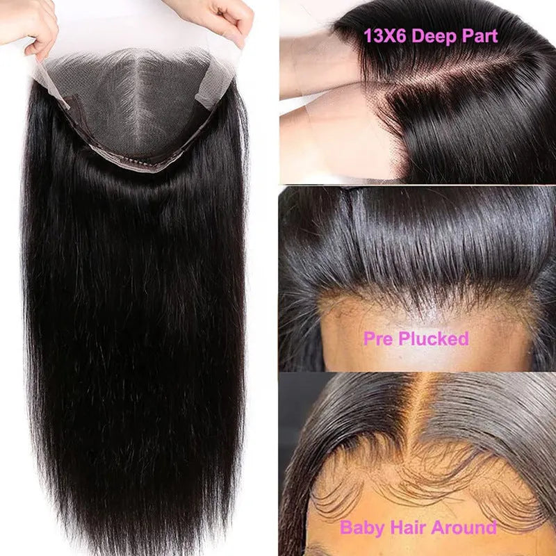 A straight black human hair wig with a lace front, shown at one of its available lengths from 16 to 32 inches.