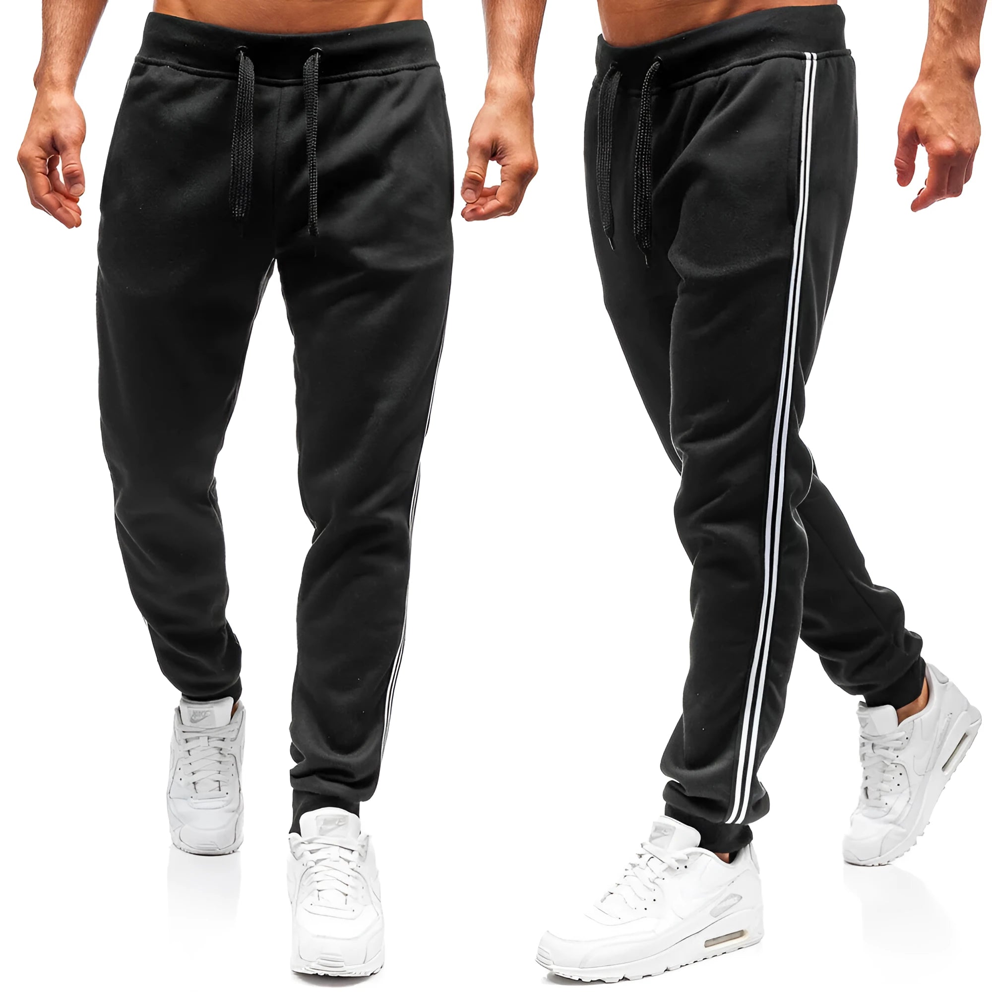 Men's summer casual loose tapered sports trousers in black with elastic waist, drawstring, and stitching details
