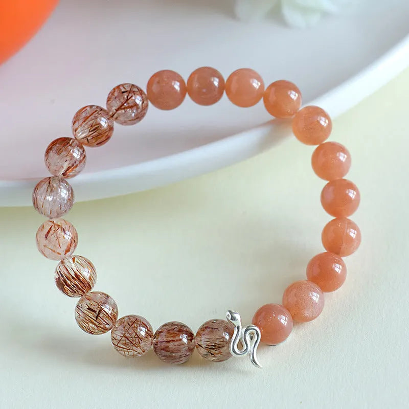 925 silver snake beaded bracelet with black hair crystal stone accents on white background