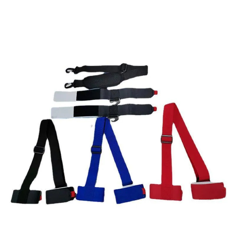 Adjustable hook and loop skiing bandage with shoulder strap in black, blue, pink, and red options.