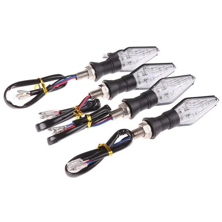 Double-sided luminous LED turn signal for motorcycle with yellow and blue light options, plastic housing, 12V