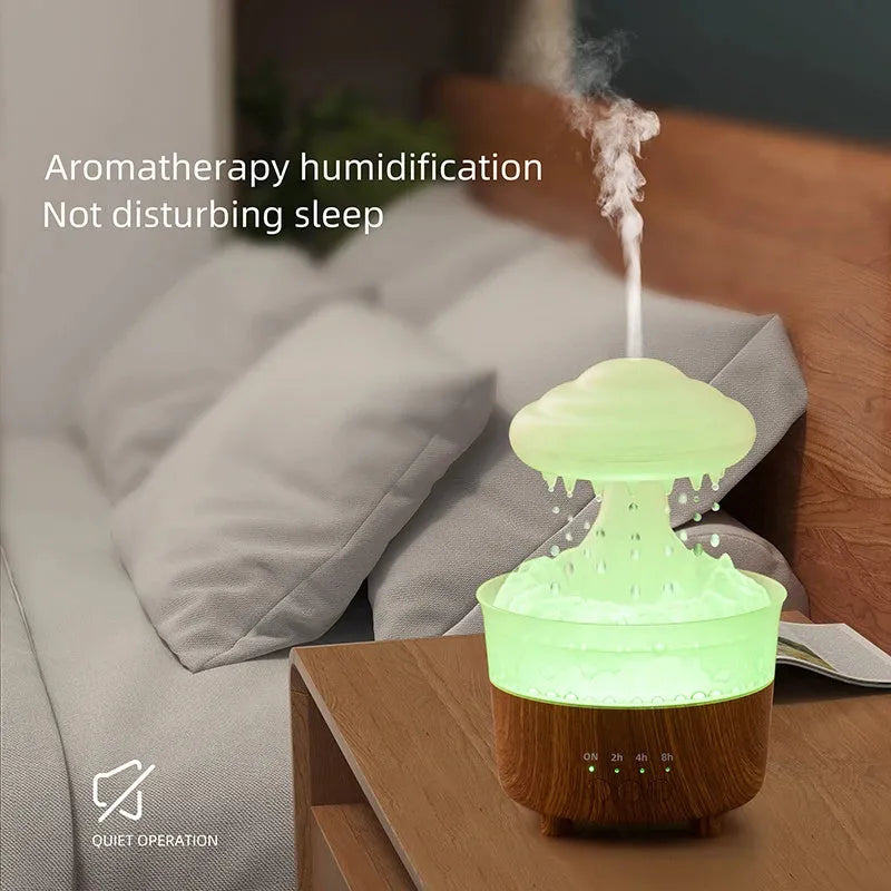 Wood grain white cloud shaped humidifier and essential oil diffuser with coloured LED lights on