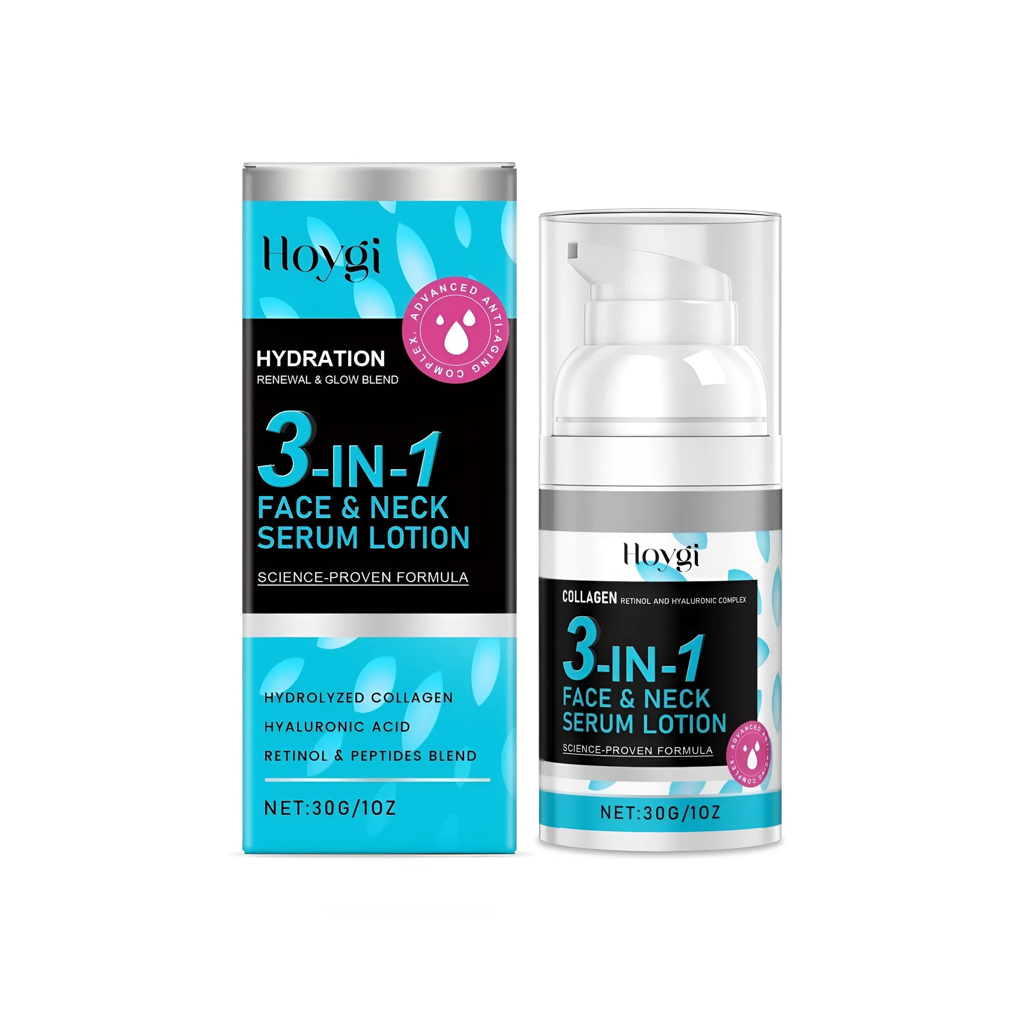 3-in-1 Face Neck Serum Lotion tube with collagen and hyaluronic acid ingredients