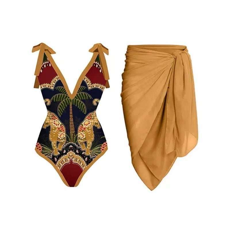 Women's solid colour one-piece swimsuit with spaghetti straps and a matching skirt laid flat.