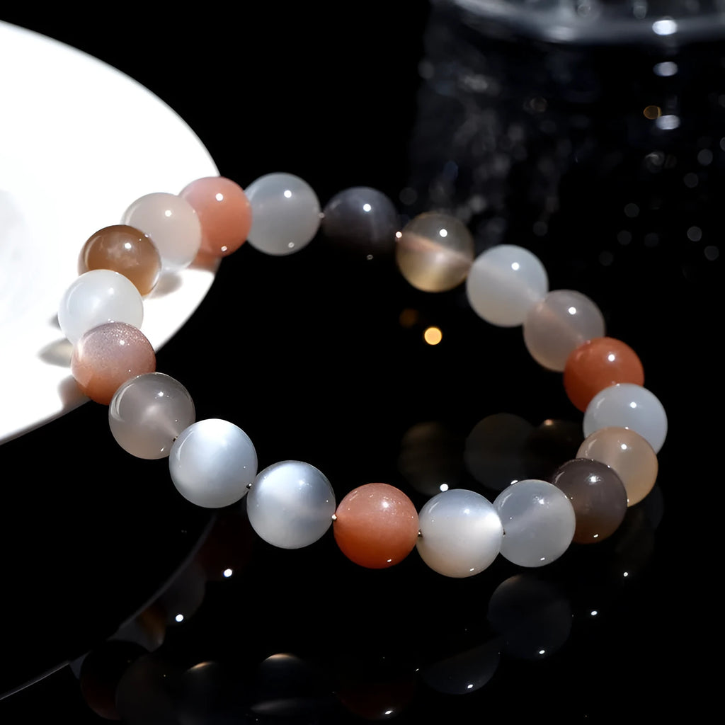 Natural moonstone bracelet with colourful moon light design showing 8mm single circle construction